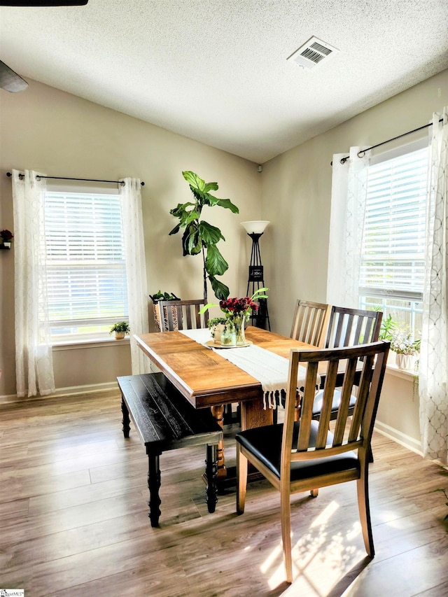 dining space with plenty of natural light, wood finished floors, a textured ceiling, and baseboards