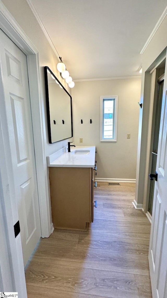 bathroom featuring wood finished floors, vanity, ornamental molding, and baseboards