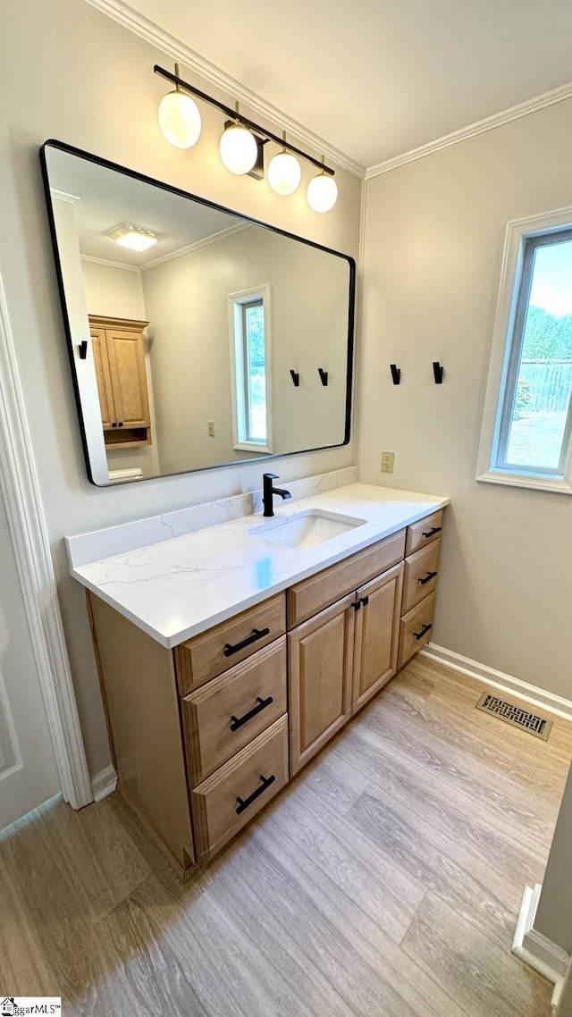 bathroom with vanity, ornamental molding, wood finished floors, and baseboards