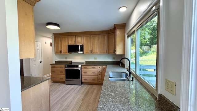 kitchen featuring appliances with stainless steel finishes, a sink, dark stone countertops, and baseboards