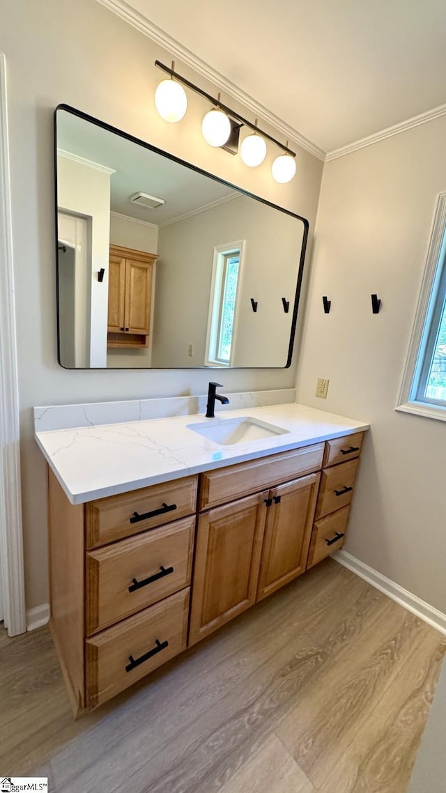 bathroom with ornamental molding, wood finished floors, vanity, and baseboards