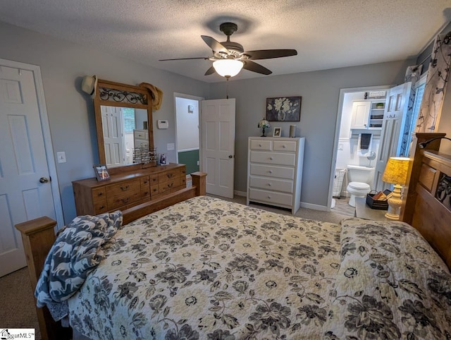 carpeted bedroom featuring a ceiling fan, connected bathroom, a textured ceiling, and baseboards
