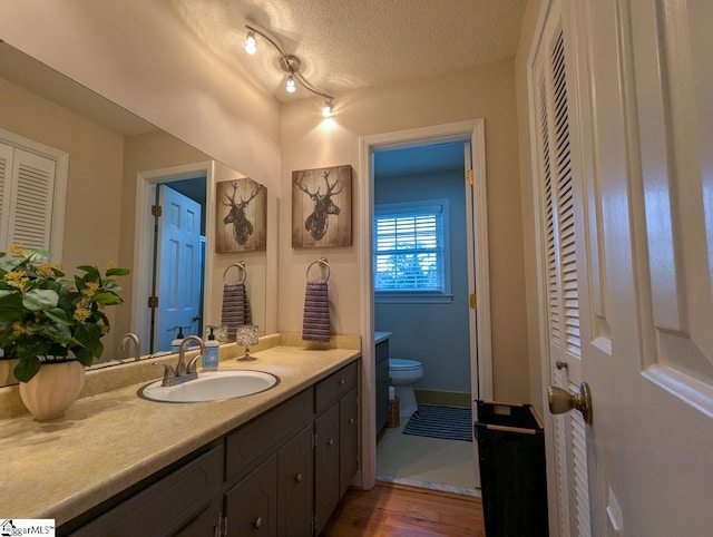 bathroom with toilet, vanity, wood finished floors, and a textured ceiling