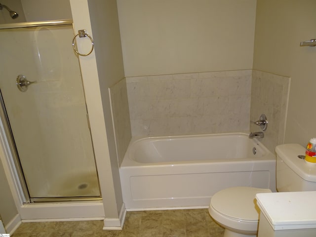full bath with toilet, a shower stall, a bath, and baseboards