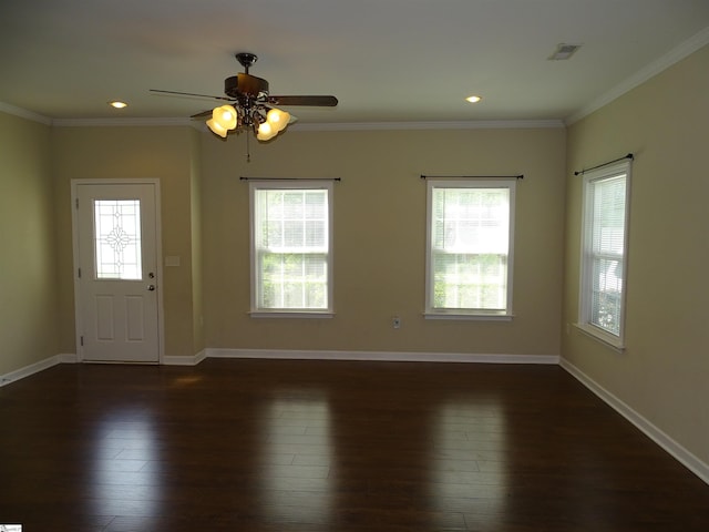 entrance foyer with a ceiling fan, dark wood-style flooring, baseboards, crown molding, and recessed lighting