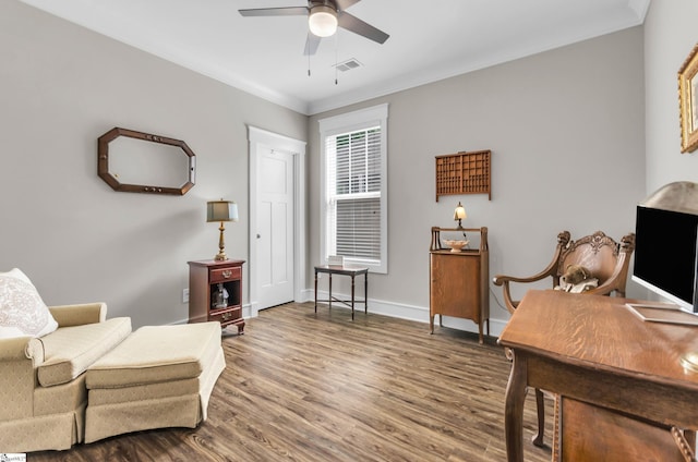 107 Summer Oak Ln, Simpsonville, SC 29680 - sitting room featuring a ceiling fan, wood finished floors, crown molding, baseboards, and a desk