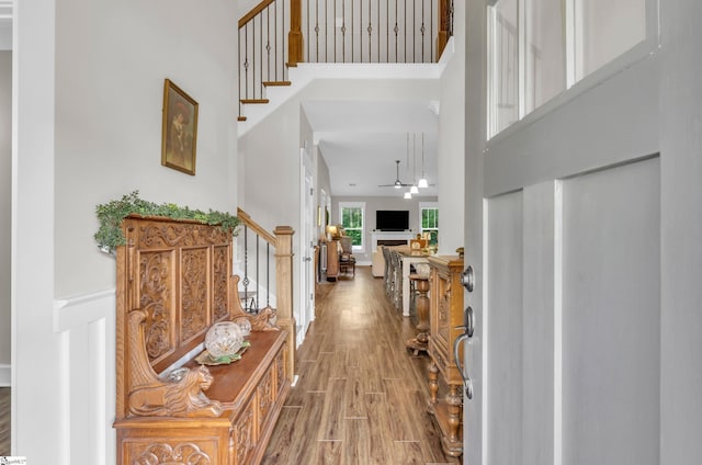 107 Summer Oak Ln, Simpsonville, SC 29680 - foyer entrance with wood finished floors, a towering ceiling, stairway, and ceiling fan