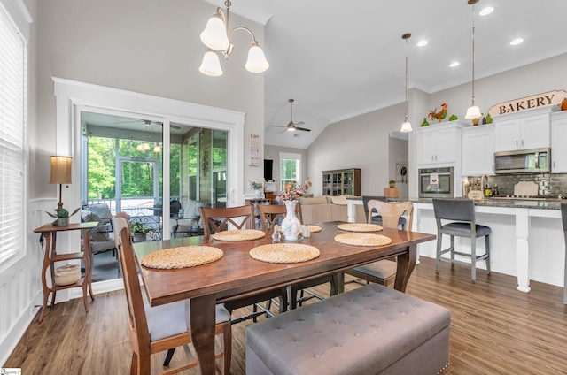 107 Summer Oak Ln, Simpsonville, SC 29680 - dining space featuring a ceiling fan, light wood-style flooring, vaulted ceiling, and recessed lighting