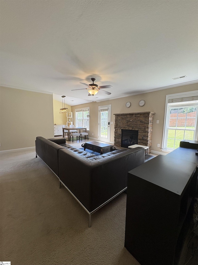204 Silver Run Ln, Greenville, SC 29607 - living room with a ceiling fan, a stone fireplace, healthy amount of natural light, and baseboards