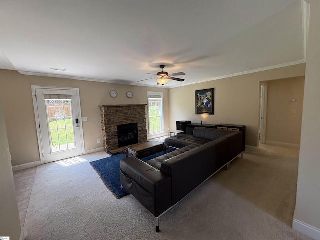204 Silver Run Ln, Greenville, SC 29607 - living area with light colored carpet, baseboards, ornamental molding, ceiling fan, and a fireplace