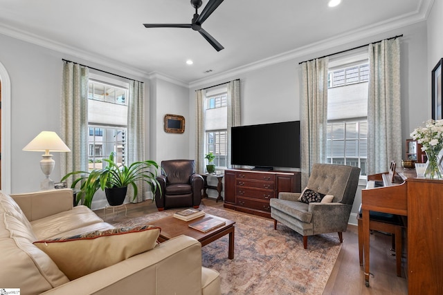 114 Burrough St, Greenville, SC 29615 - living area featuring plenty of natural light, ceiling fan, ornamental molding, wood finished floors, and recessed lighting