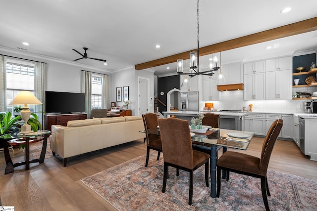 114 Burrough St, Greenville, SC 29615 - dining area with ornamental molding, ceiling fan, wood finished floors, recessed lighting, and a chandelier