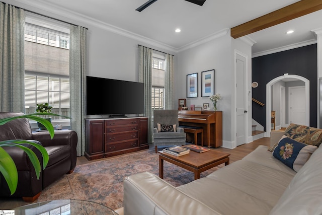 114 Burrough St, Greenville, SC 29615 - living room with crown molding, wood finished floors, arched walkways, a ceiling fan, and recessed lighting