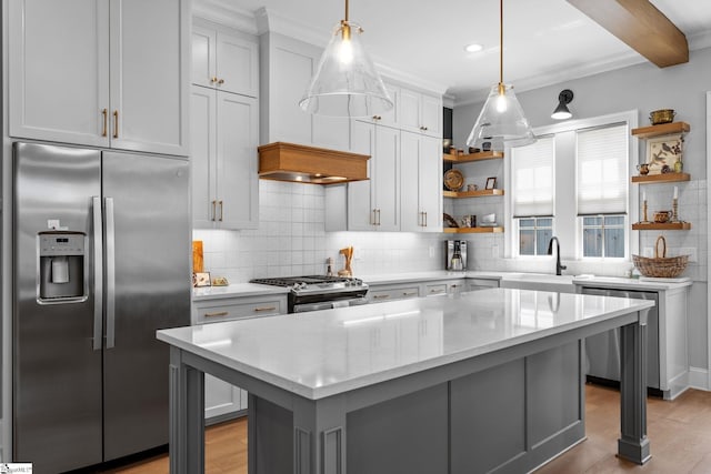 114 Burrough St, Greenville, SC 29615 - kitchen with appliances with stainless steel finishes, open shelves, a sink, light wood-style floors, and tasteful backsplash