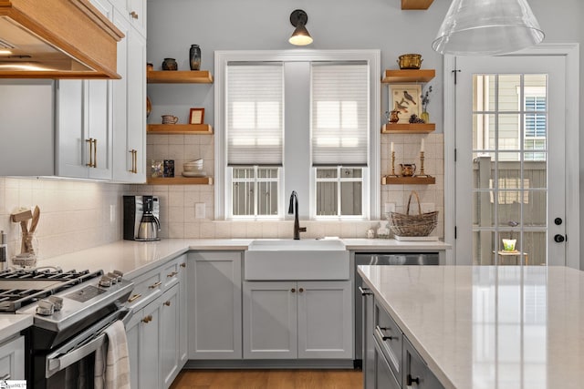 114 Burrough St, Greenville, SC 29615 - kitchen with open shelves, stainless steel appliances, a sink, custom range hood, and decorative backsplash