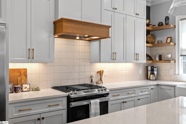 114 Burrough St, Greenville, SC 29615 - kitchen with gas stove, open shelves, tasteful backsplash, custom range hood, and ornamental molding
