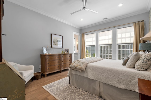 114 Burrough St, Greenville, SC 29615 - bedroom featuring crown molding, recessed lighting, wood finished floors, connected bathroom, and ceiling fan