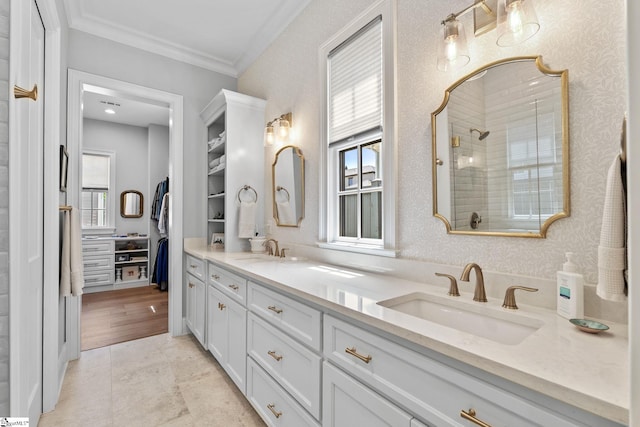 114 Burrough St, Greenville, SC 29615 - bathroom featuring a tile shower, crown molding, and double vanity