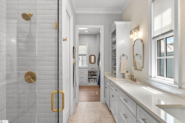 114 Burrough St, Greenville, SC 29615 - full bathroom with a shower stall, vanity, healthy amount of natural light, and crown molding