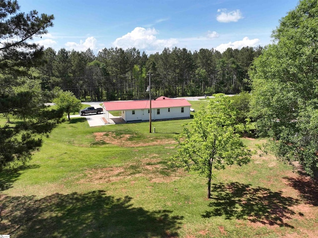 view from above of property featuring a heavily wooded area