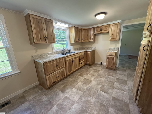 kitchen with a sink, baseboards, brown cabinetry, light countertops, and ornamental molding
