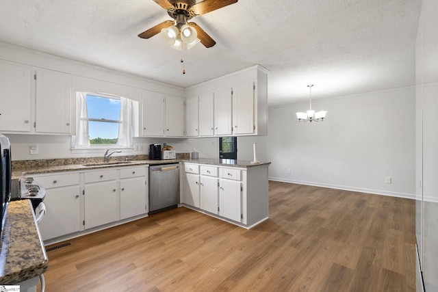 205 Woodfield Dr, Piedmont, SC 29673 - kitchen with dishwasher, a sink, a peninsula, a chandelier, and light wood-style flooring