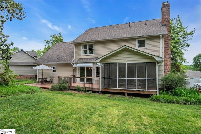 111 Golf View Ln, Greenville, SC 29609 - rear view of property featuring a chimney, a lawn, a deck, and a sunroom