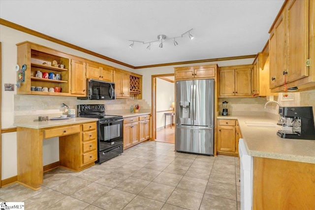 111 Golf View Ln, Greenville, SC 29609 - kitchen with black appliances, a sink, tasteful backsplash, light countertops, and ornamental molding