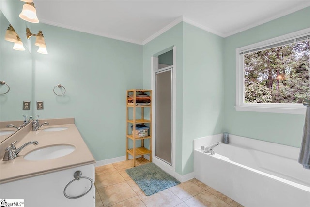 111 Golf View Ln, Greenville, SC 29609 - full bathroom featuring a stall shower, a bath, ornamental molding, tile patterned flooring, and baseboards