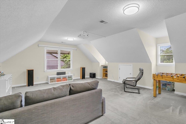 111 Golf View Ln, Greenville, SC 29609 - carpeted living room featuring a textured ceiling, vaulted ceiling, and baseboards