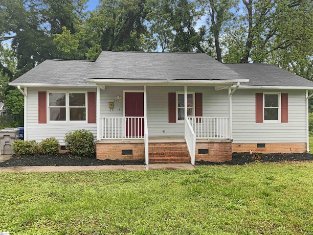 245 Rigby Ave, Spartanburg, SC 29306 - ranch-style house featuring crawl space, a porch, a front lawn, and roof with shingles