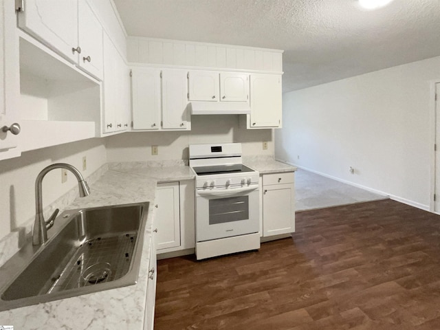 245 Rigby Ave, Spartanburg, SC 29306 - kitchen with white electric range, a sink, dark wood-style flooring, a textured ceiling, and white cabinets