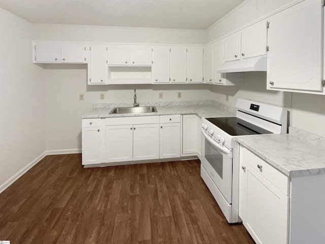 245 Rigby Ave, Spartanburg, SC 29306 - kitchen with electric stove, a sink, under cabinet range hood, baseboards, and dark wood-type flooring