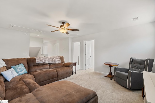 121 Frost Flower Way, Fountain Inn, SC 29644 - living room with attic access, ceiling fan, light carpet, and baseboards
