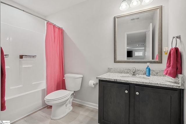 121 Frost Flower Way, Fountain Inn, SC 29644 - bathroom featuring toilet, vanity, baseboards, shower / tub combo with curtain, and wood finished floors