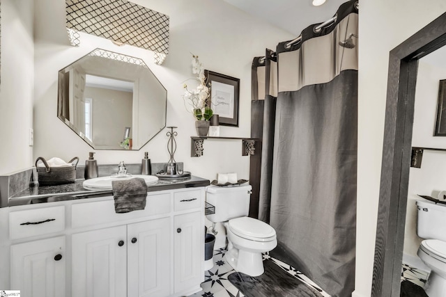 bathroom featuring toilet, vanity, and curtained shower