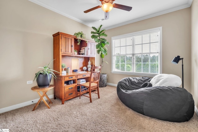 office featuring ceiling fan, light carpet, ornamental molding, and baseboards