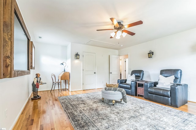 31 Goodwin Farms Ct, Travelers Rest, SC 29690 - living room featuring attic access, ceiling fan, light wood-type flooring, and baseboards