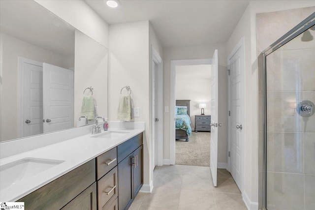 204 Hazelcroft Dr, Fountain Inn, SC 29644 - ensuite bathroom with a stall shower, baseboards, tile patterned floors, and double vanity