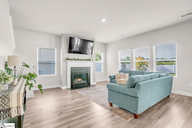 204 Hazelcroft Dr, Fountain Inn, SC 29644 - living room with light wood finished floors, a fireplace with flush hearth, baseboards, and recessed lighting