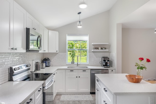 11 Adger St, Pelzer, SC 29669 - kitchen featuring appliances with stainless steel finishes, a sink, open shelves, lofted ceiling, and tasteful backsplash