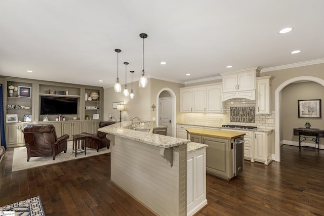 15 Paddington Ave, Greenville, SC 29609 - kitchen featuring arched walkways, a spacious island, butcher block counters, crown molding, and dark wood-style flooring
