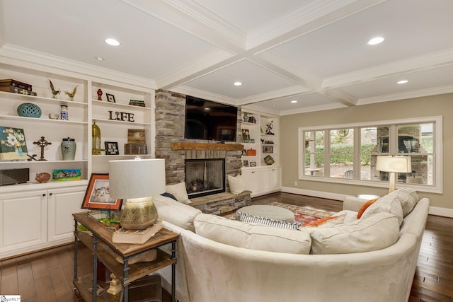 15 Paddington Ave, Greenville, SC 29609 - living area with dark wood-style flooring, beam ceiling, ornamental molding, a fireplace, and baseboards
