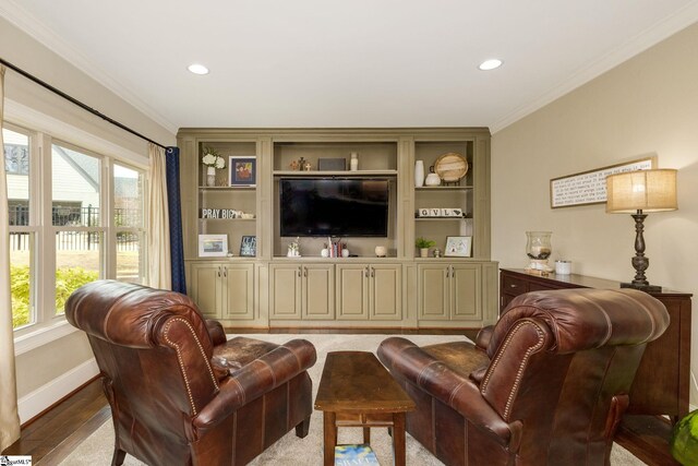 15 Paddington Ave, Greenville, SC 29609 - living room featuring ornamental molding, plenty of natural light, recessed lighting, wood finished floors, and baseboards