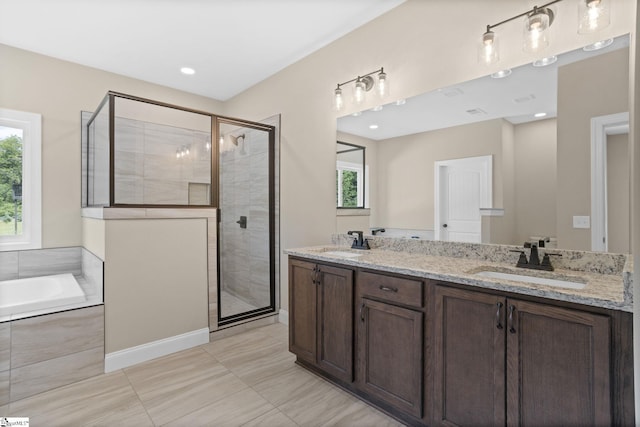 21 Old American Blvd, Pendleton, SC 29670 - full bath featuring a stall shower, a garden tub, double vanity, and tile patterned flooring