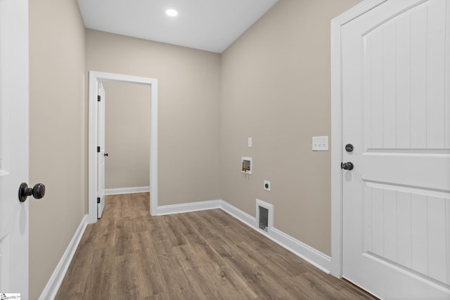 21 Old American Blvd, Pendleton, SC 29670 - laundry area featuring electric dryer hookup, wood finished floors, baseboards, washer hookup, and recessed lighting