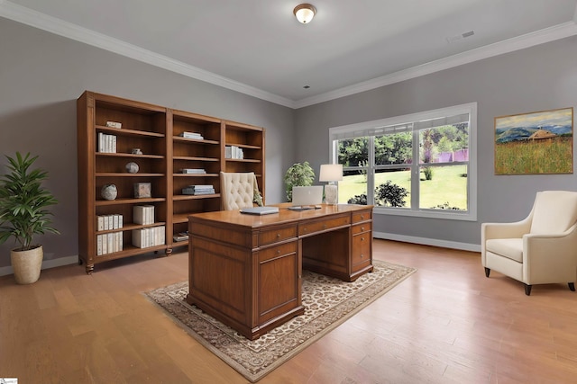 9 Sheldrake Pl, Simpsonville, SC 29681 - office area featuring light wood-style flooring, ornamental molding, and baseboards