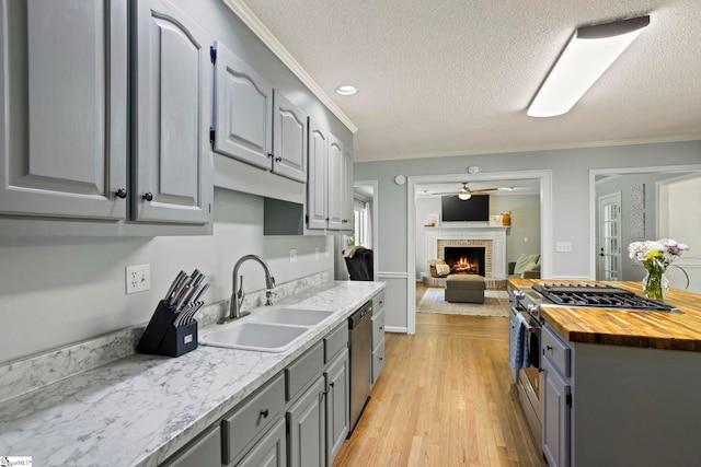 202 Shadow Oaks Dr, Easley, SC 29642 - kitchen featuring gray cabinets, a sink, butcher block countertops, stainless steel appliances, and crown molding