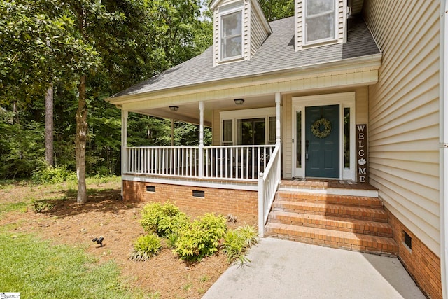 202 Shadow Oaks Dr, Easley, SC 29642 - view of exterior entry with roof with shingles, covered porch, and crawl space