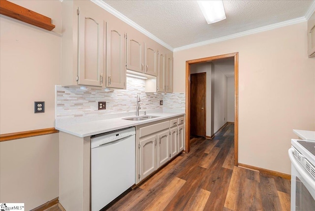 1606 Winding Way, Taylors, SC 29687 - kitchen with white appliances, a sink, dark wood finished floors, tasteful backsplash, and light countertops